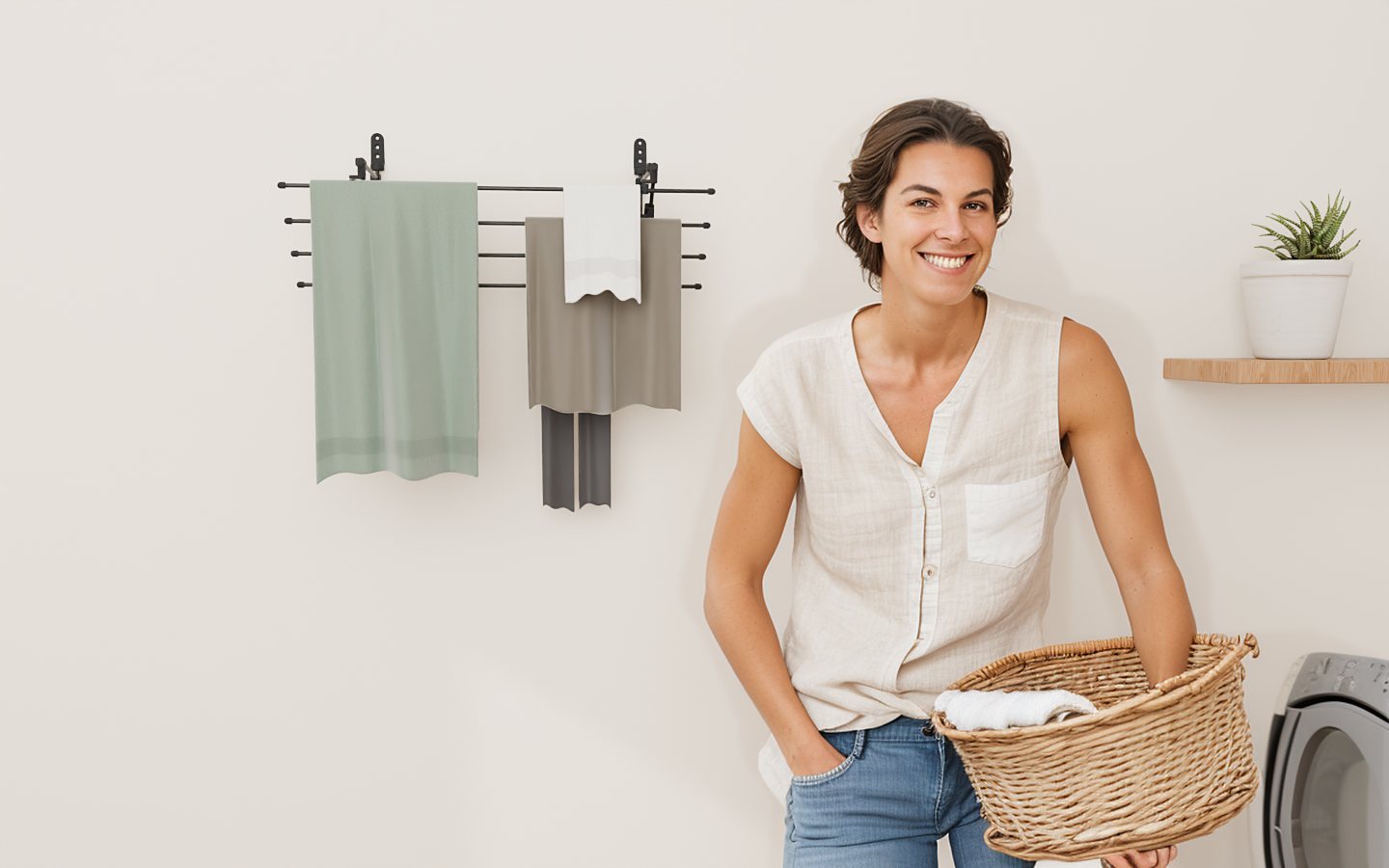 A smiling woman holds a basket of towels next to an open Airstair rack