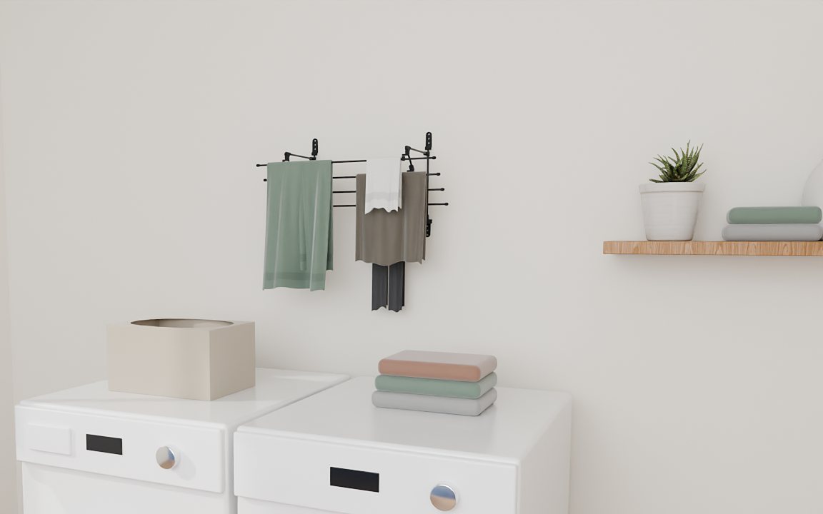 Black Airstair above a washer and dryer, full of drying towels and clothes